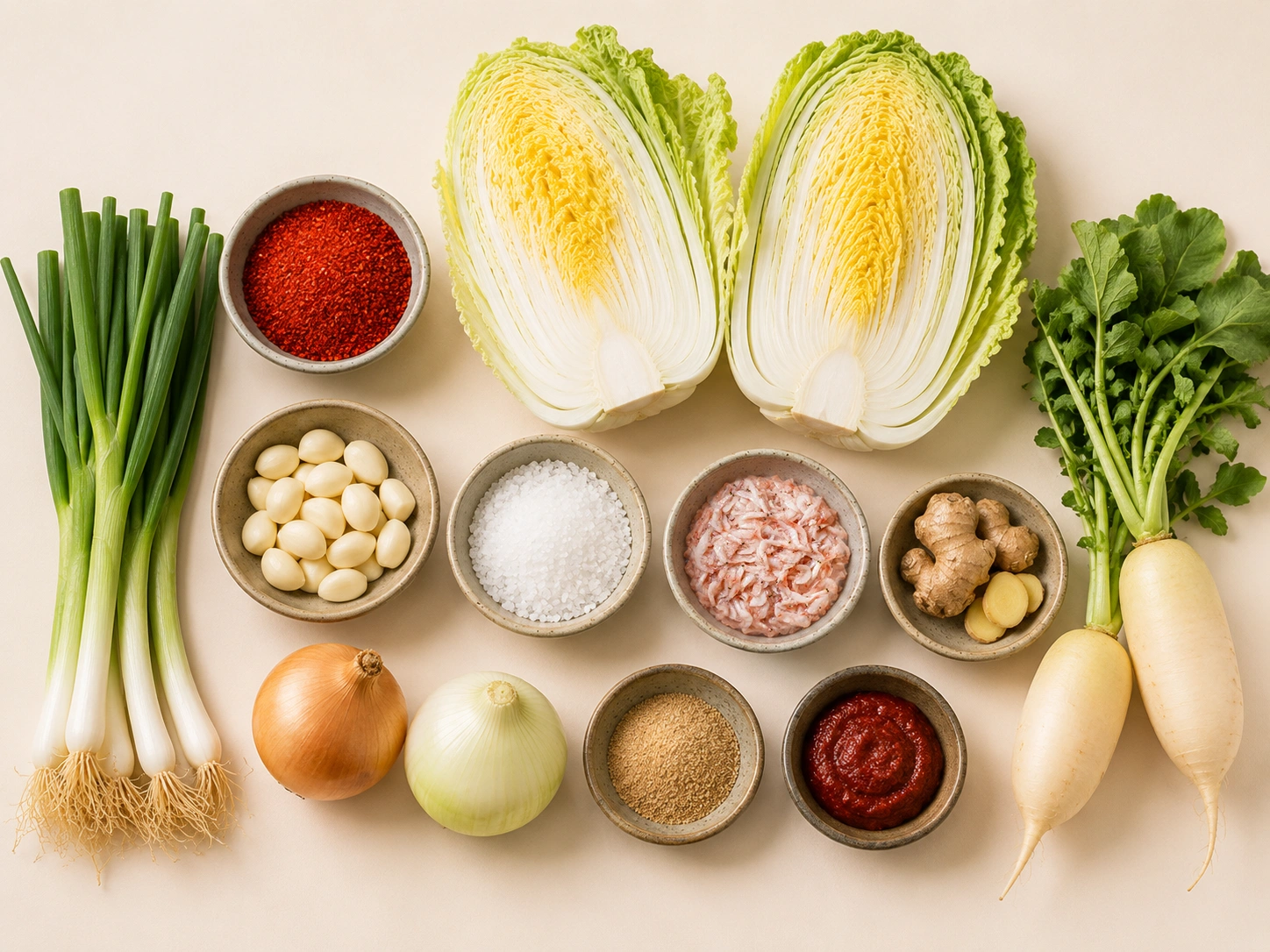 Kimchi seasoning ingredients with red chili peppers